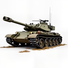 Military tank model on transparent background. Heavy armored vehicle. Green camouflage design. Tank isolated. Old style model. Warfare vehicle. Tracked vehicle. Powerful military machine. Tank armed