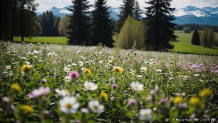 Colorful wildflower field blooms under a clear sky with distant mountains in springtime