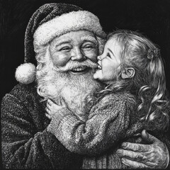 Santa Claus with a warm smile, embracing a joyful child girl, capturing the festive spirit and holiday warmth. The intricate scratchboard engraving highlights the textures of their clothing and