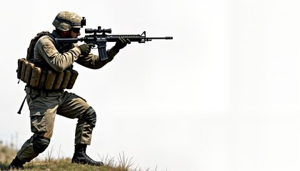 Fototapeta premium Military soldier aiming rifle. Man in camouflage uniform. Combat gear. Tactical posture. Sniper position. Outdoor setting. Combat readiness. War. Defense. Protection. Soldier ready. Prepared combat.