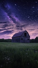 Old barn standing in green field under milky way and starry night sky