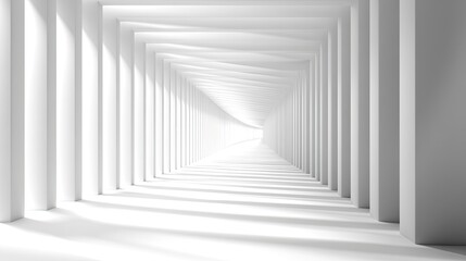 Obraz premium Abstract white hallway with columns receding into the distance, creating a perspective illusion of depth and light.