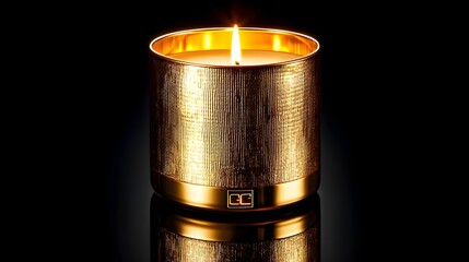 Single golden candle with smooth metal texture, lit against a black background, evoking modern serenity and polished reflections