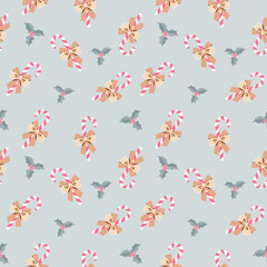 Tło z cukrowymi laskami, ostrokrzewem i kokardami na Boże narodzenie. Świąteczny bezszwowy wzór.