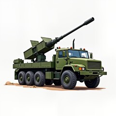 Military truck carries powerful antiaircraft gun. Heavy duty vehicle designed for defense. Modern warfare tech highlighted. Armored, strong, military transport ready for combat. Green camouflage