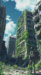 Obraz premium Post-apocalyptic anime landscape, abandoned skyscrapers overtaken by nature, protagonist wearing a gas mask, detailed ruins and greenery