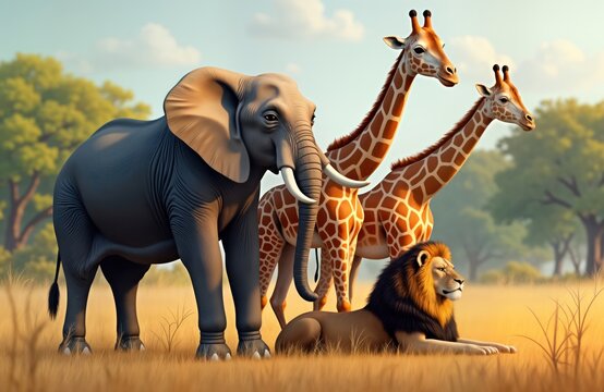 Elephant giraffe, lion in savanna. Wildlife animals relax together in grassland at sunrise. Endangered species in natural habitat. Conservation concept. Majestic nature. Protected environment. Save