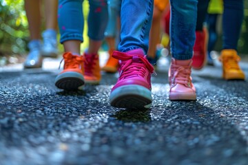 Brightly colored sneakers move along a nature trail, as children engage in an outdoor activity. The atmosphere is lively and filled with energy amidst lush greenery and dappled sunlight