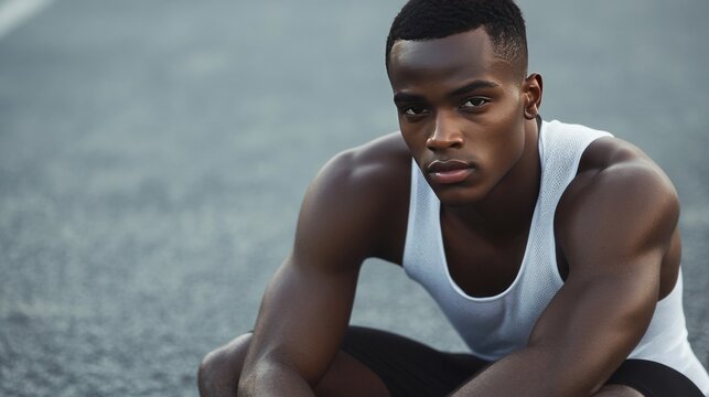 Dark-skinned athlete takes break on pavement after training.