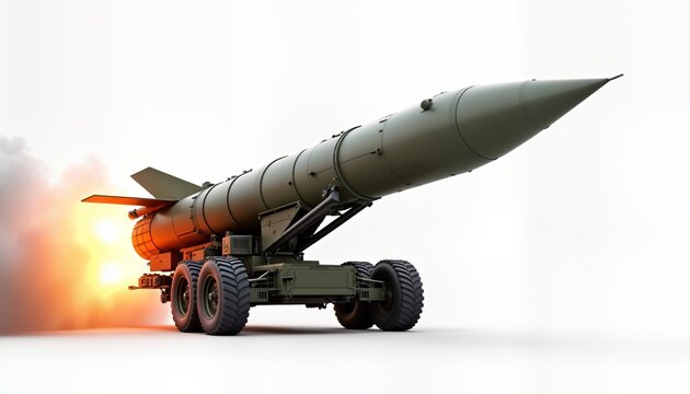 Military missile launcher launching missile. Powerful weapon system on transport vehicle. Modern tech showcased in isolated image. Potential use in defense attack. High-tech image for military, tech