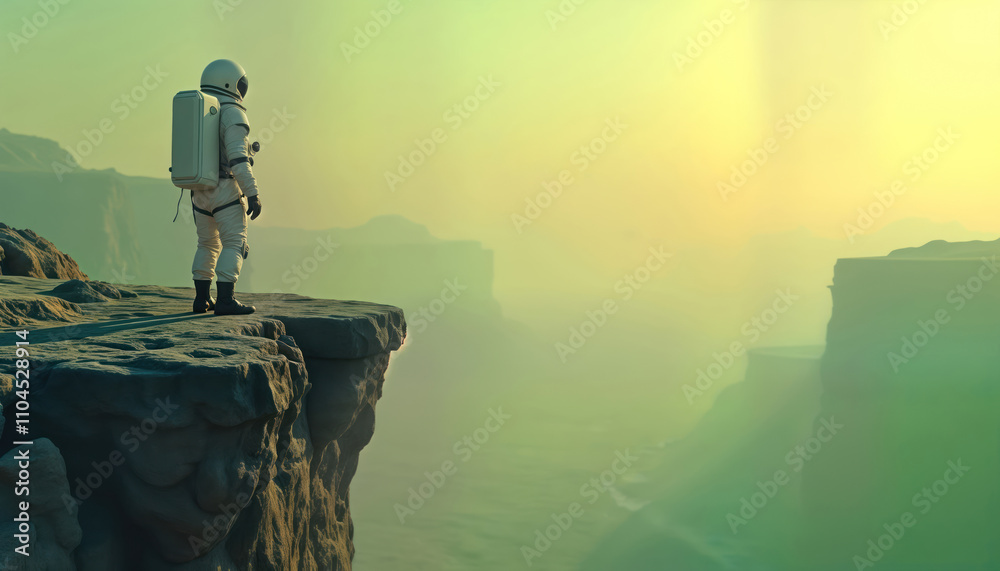 Poster astronaut stands on cliff edge in space looking at distant alien planet. futuristic space suit prote