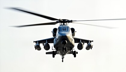 Fototapeta premium Military helicopter hovers in mid-air against transparent background. Realistic, detailed depiction of modern rotorcraft. Image suitable for defense tech magazines, websites military art print.