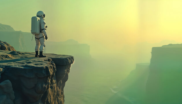 Astronaut stands on cliff edge in space looking at distant alien planet. Futuristic space suit protects explorer. Landscape hazy, misty. Exploration in outer space. Adventure in cosmos. Future tech.