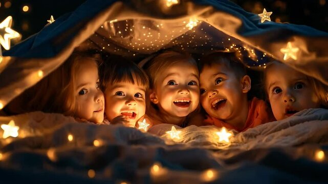 Five children are nestled under a cozy blanket adorned with glowing stars. Their faces light up with joy and excitement as they share stories and laughter during a magical night together.
