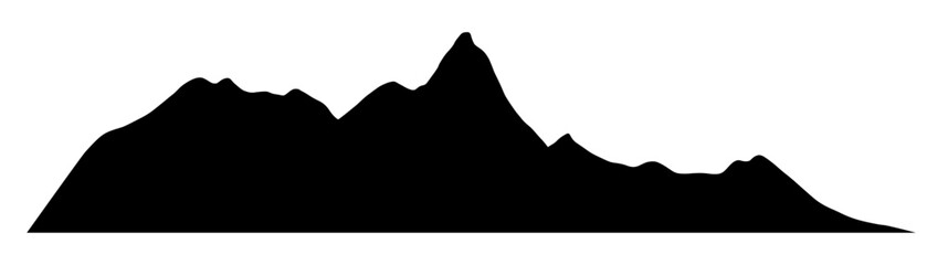 Silhouette of Mountain Range vector illustration. Drawing in Black and White Ink of hills for travel and cartography design. Etching of rocks painted. Etch of relief landscape with peak.