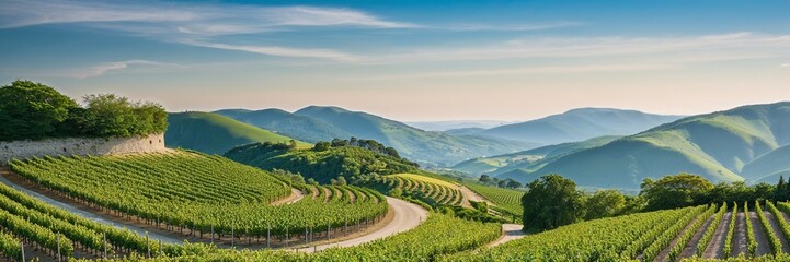 Fototapeta premium Expansive vineyards framed by rolling hills under a clear sky.