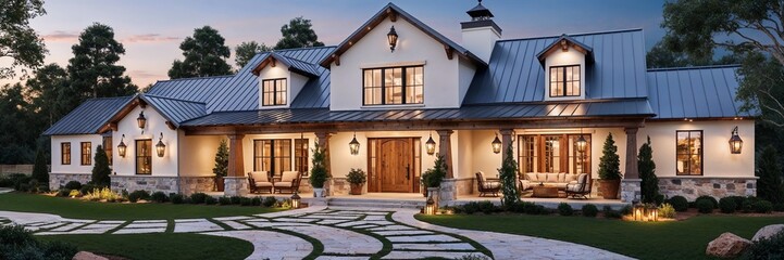 A beautiful farmhouse featuring a soothing atmosphere and elegant lights.