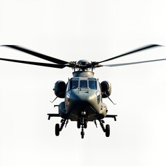 Fototapeta premium Military helicopter flies in clear sky. Modern air force aircraft in flight. High-tech military transportation system. Modern military helicopter transport. Powerful rescue, attack capabilities.