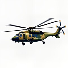 Fototapeta premium Military helicopter in flight against plain background. Modern military aircraft in motion. Modern military machine flying high. Aerial view of military transport. Tactical helicopter in action. Army