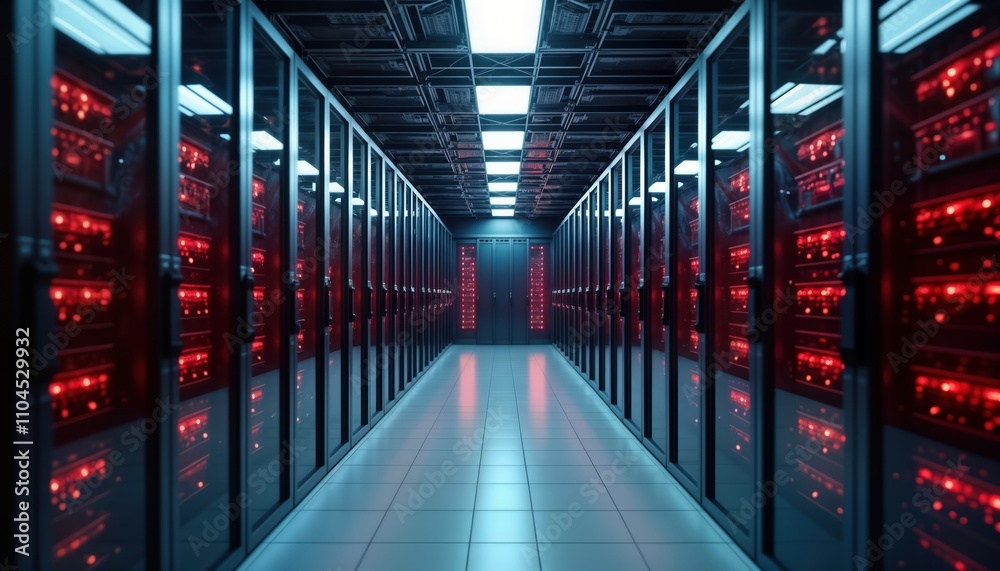 Poster Secure data center interior shows rows of server racks. Tech infrastructure displays digital firewalls. Modern tech environment highlights data safety, storage. Modern data center highly secure,