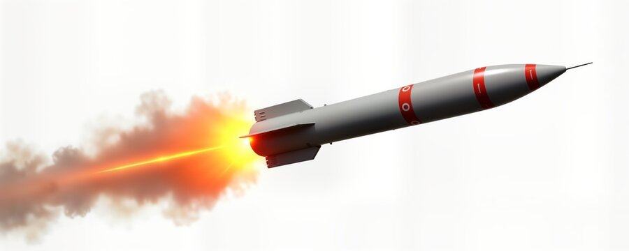 Missile launches with bright orange fire trail against plain white background. Military weapon in action. Weapon system trajectory demonstrates power, speed. Modern ballistic missile. Warfare