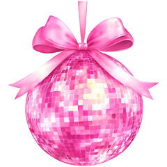A watercolor pink disco ball with a bow