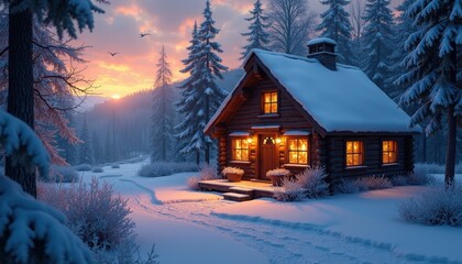 Under the frosty glow of twilight, a charming cabin radiates warmth from its firelit windows.