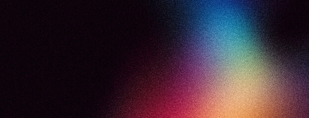 Dark grainy background, red yellow blue vibrant color gradient shape on black backdrop, noise texture banner poster header cover wallpaper design