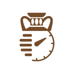 This is a logo that depicts fusion design between a vase and a watch or clock or timer or stopwatch in brown color for pottery class logo