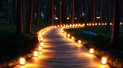 Pathway lined with glowing lanterns in a tranquil forest, each light symbolizing milestones of customer satisfaction guiding to a promising horizon--style raw