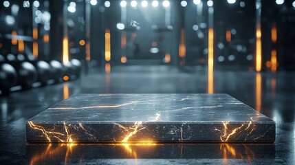 Dark marble tabletop with clean veins, blurred exercise room backdrop with soft gym lighting and bokeh, minimalist and elegant display