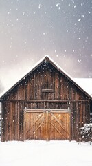 Snow falling on rustic wooden barn in winter landscape