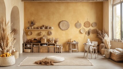 Bohemian-style room interior with beige walls, wooden furniture, woven baskets, pampas grass, and a jute rug.