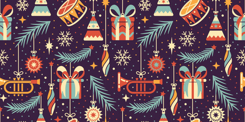 Festive seamless wallpaper with retro Christmas tree decorations, including gifts, drums, ornaments, and pine branches. Cheerful holiday print, textile, wrapping paper, and seasonal background