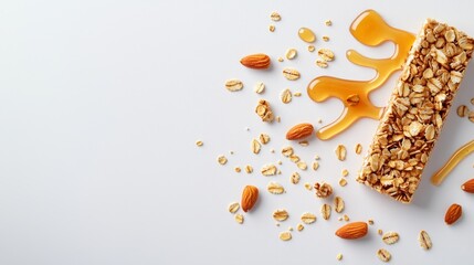 Detailed close-up of granola bar with golden honey drizzle, oats and nuts visible, crisp and clean white background, perfect for advertising