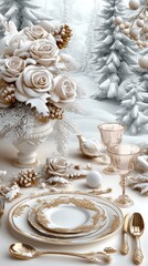 A beautifully arranged pink and white table setting in a snowy pine forest features gold cutlery and delicate floral centerpieces