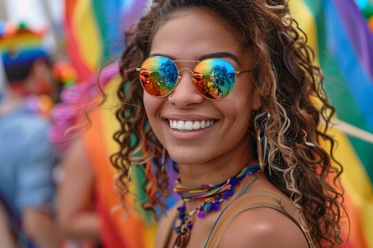 Participants enjoy a lively pride festival, showcasing colorful decorations and joyful expressions. A woman with curly hair radiates happiness, reflecting the joyful atmosphere in her sunglasses