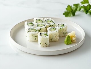 Savoring sushi rolls with soy sauce a culinary delight in a modern dining environment