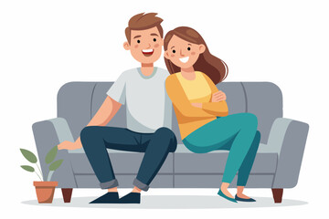 couple sitting on the sofa. Positive happy young husband and wife relaxing on a new comfortable pale grey sofa,