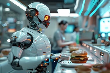 A humanoid robot skillfully assembles a burger with precision in a sleek, modern fast food restaurant
