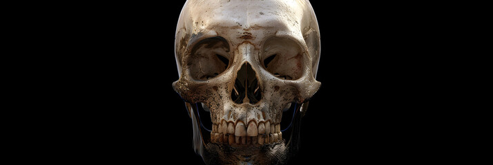 Naklejka premium Detailed 3D Rendered Human Skull Illustration with Realistic Shading and Texture, Emphasizing Anatomical Accuracy Against Dark Background