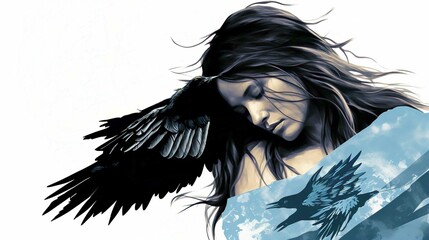 Fototapeta premium Elegant Woman Silhouette with Angel Wings and Tattooed Face Vector Illustration