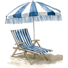 charming watercolor illustration of a blue and white striped beach chair