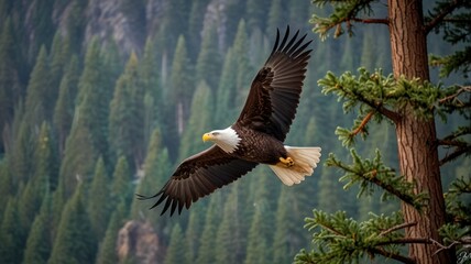 Majestic bald eagle in flight over a lush forest.