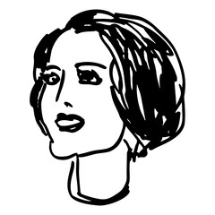 Head of a pretty young woman with fancy haircut. Portrait of a beautiful sexy brunette lady. Hand drawn linear doodle rough sketch. Black and white silhouette.
