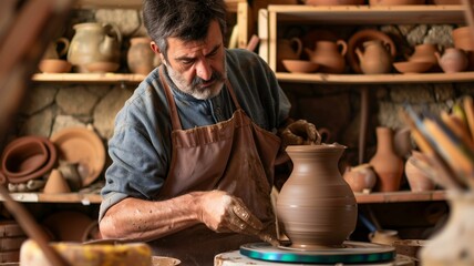 Experienced potter skillfully shaping a clay vase in a cozy, rustic studio
