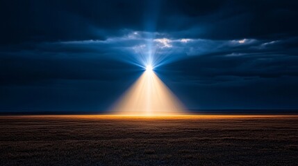 Single beam of light shining in pitch black, dramatic contrast with soft, diffused halo, intense and enigmatic scene