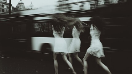 Artistic Motion Blur of Women Walking in Urban Scene