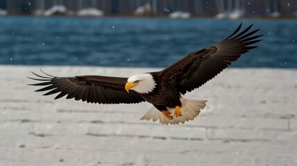 Fototapeta premium Bald eagle in flight over snowy water.