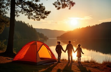 Family enjoying lakeside camping adventure at sunset. Children hold hands, stand by orange tent....